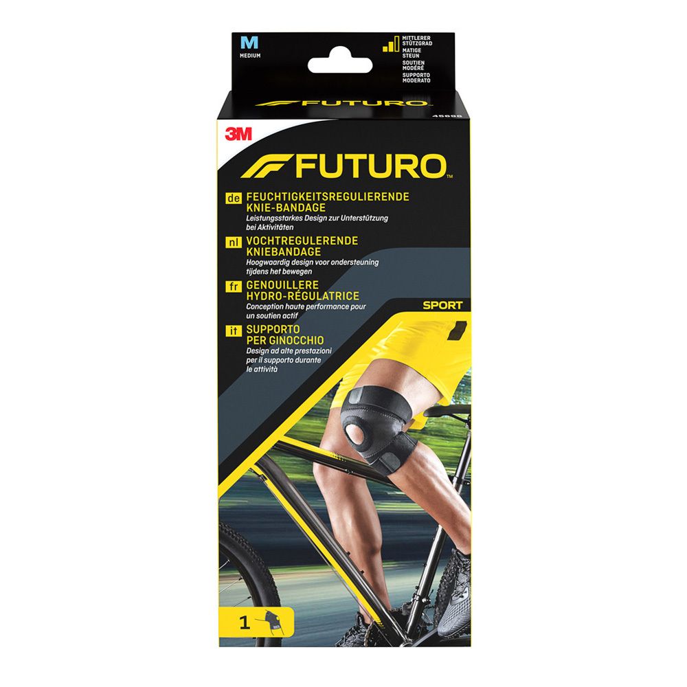 Genouillère Futuro™ Sport. Emballage avec image du produit. Genouillère sur la jambe d'un cycliste. Taille M.