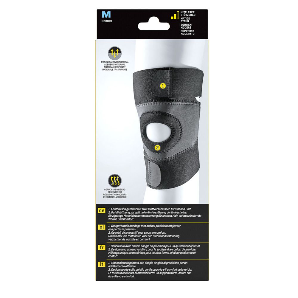 Genouillère Futuro™ Sport. Emballage avec image du produit. Genouillère sur la jambe d'un cycliste. Taille M.