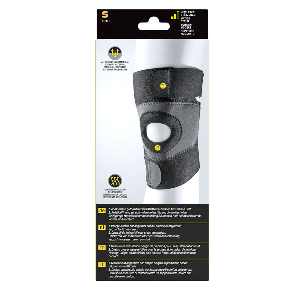 Genouillère FUTURO® Sport. Produit : genouillère grise et noire. Vue détaillée, sur fond blanc.