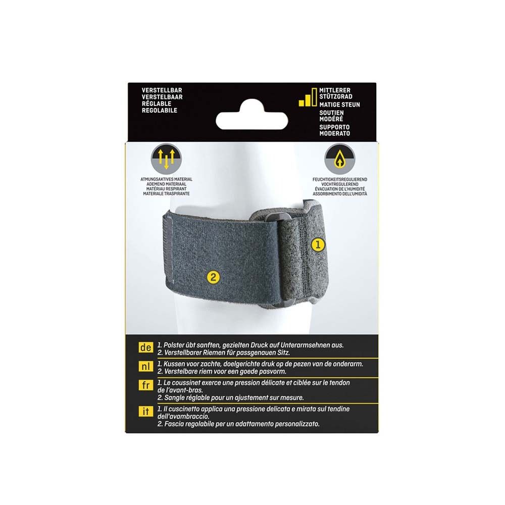 3M Futuro Sport Ellenbogenbandage. Bandage auf Arm. Text: Polster, Riemen. Atmungsaktives Material.