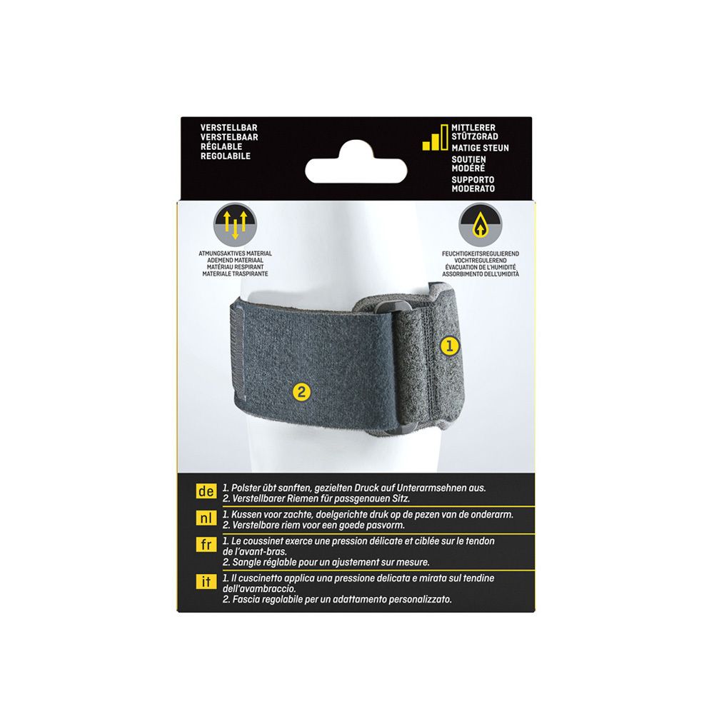 Dos de la boîte de bandage de coude 3M™ Futuro™ Sport. Texte en allemand, néerlandais, français et italien.