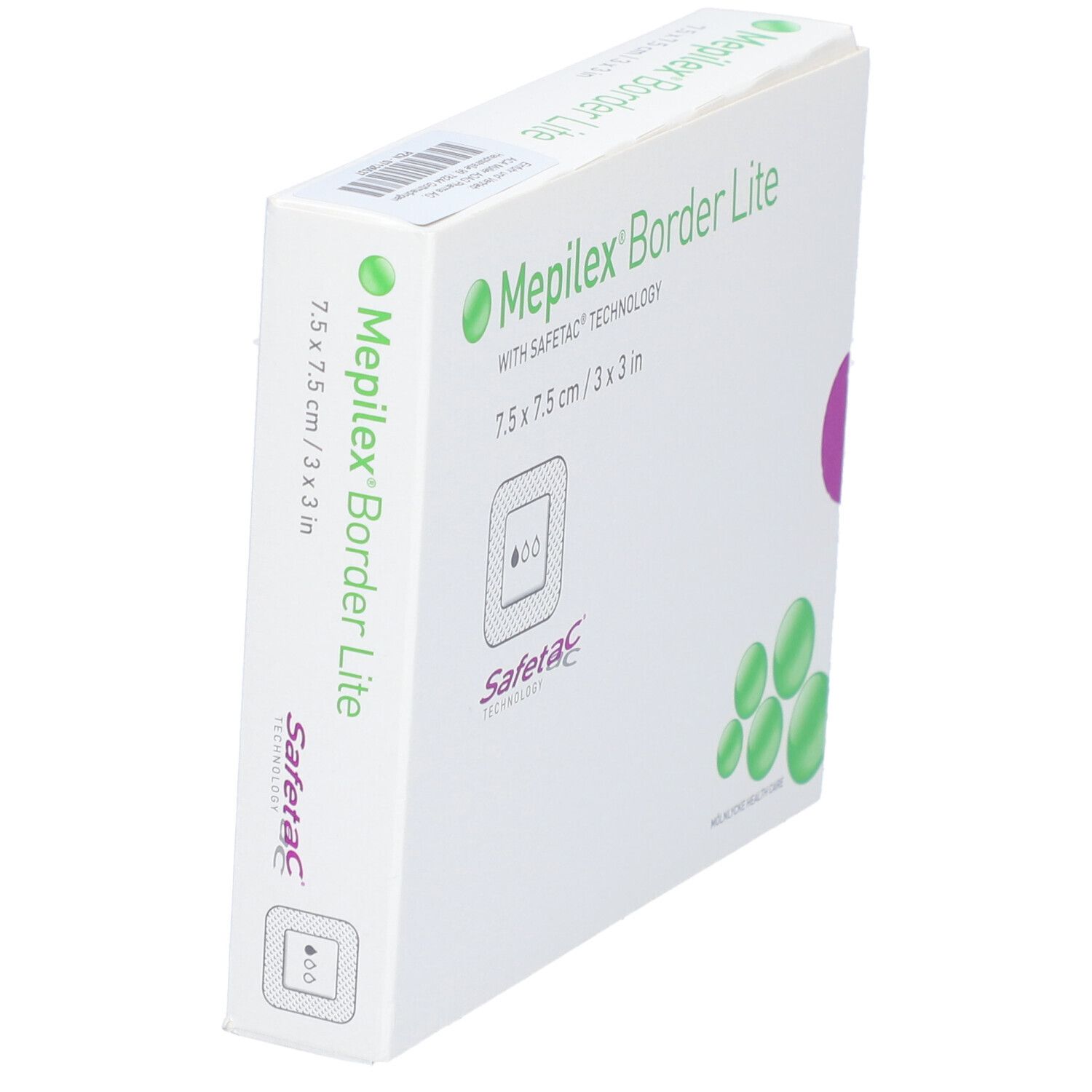 Boîte de Mepilex Border Lite en biais, 7,5 x 7,5 cm. Technologie Safetac. Blanc et vert.