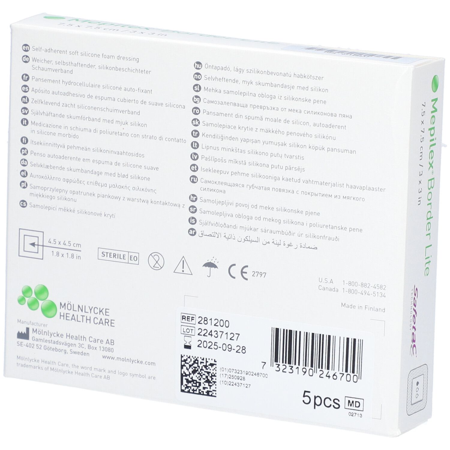 Dos de la boîte de Mepilex Border Lite. Informations et symboles. Mölnlycke Health Care. 5 pièces.