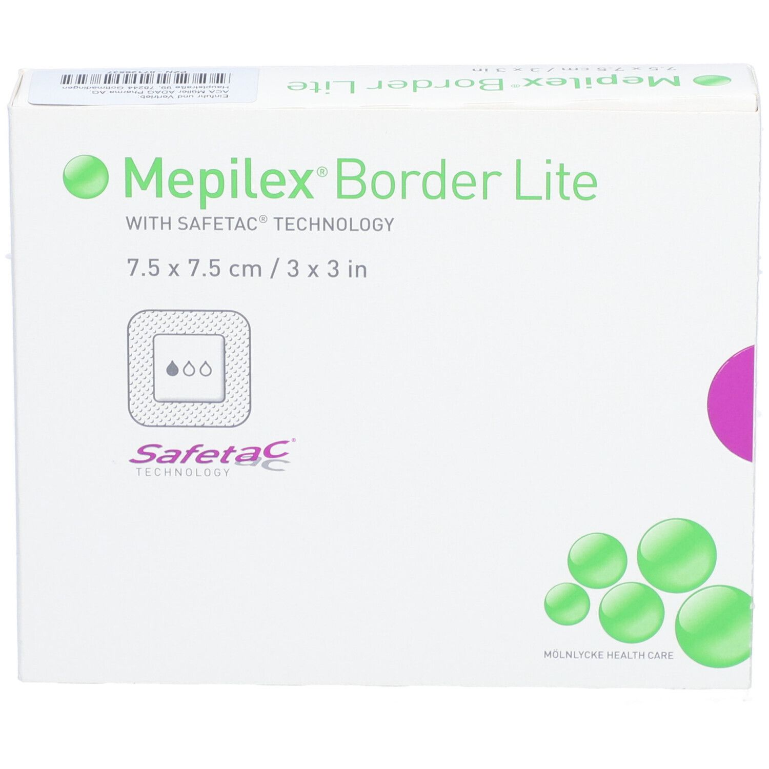 Boîte de Mepilex Border Lite, 7,5 x 7,5 cm. Technologie Safetac. Vert et blanc. Mölnlycke Health Care.