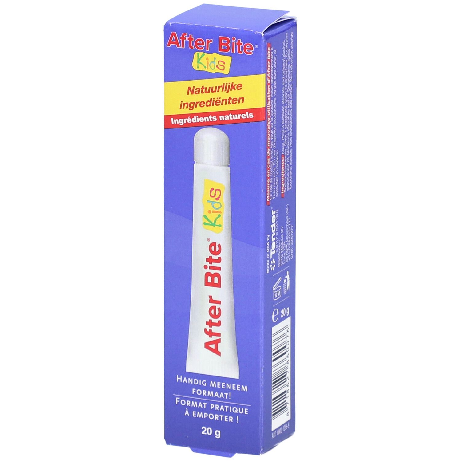 Tube After Bite Kids, 20g, in Verpackung. Aufdruck: Natürliche Inhaltsstoffe, handliches Format.