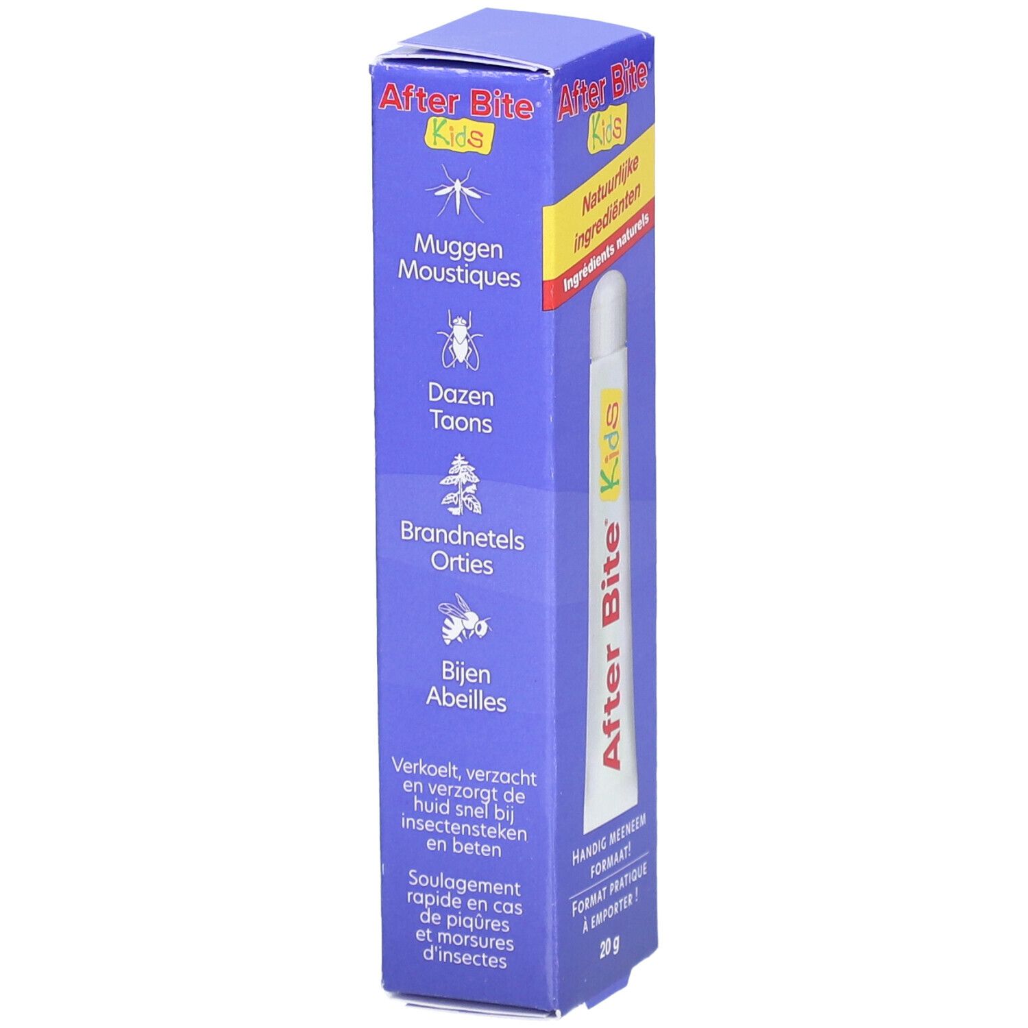 After Bite Kids Tube und Verpackung. Aufdruck: Mücken, Bremsen, Brandnesseln, Bienen. Kühlende Wirkung.