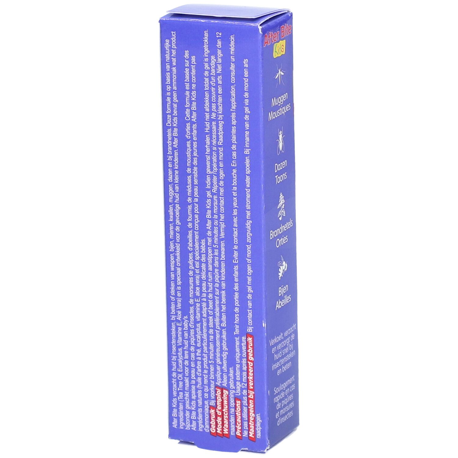 After Bite Kids Verpackung. Text: Anwendungshinweise, Inhaltsstoffe, Warnhinweise. Rückseite mit Text.