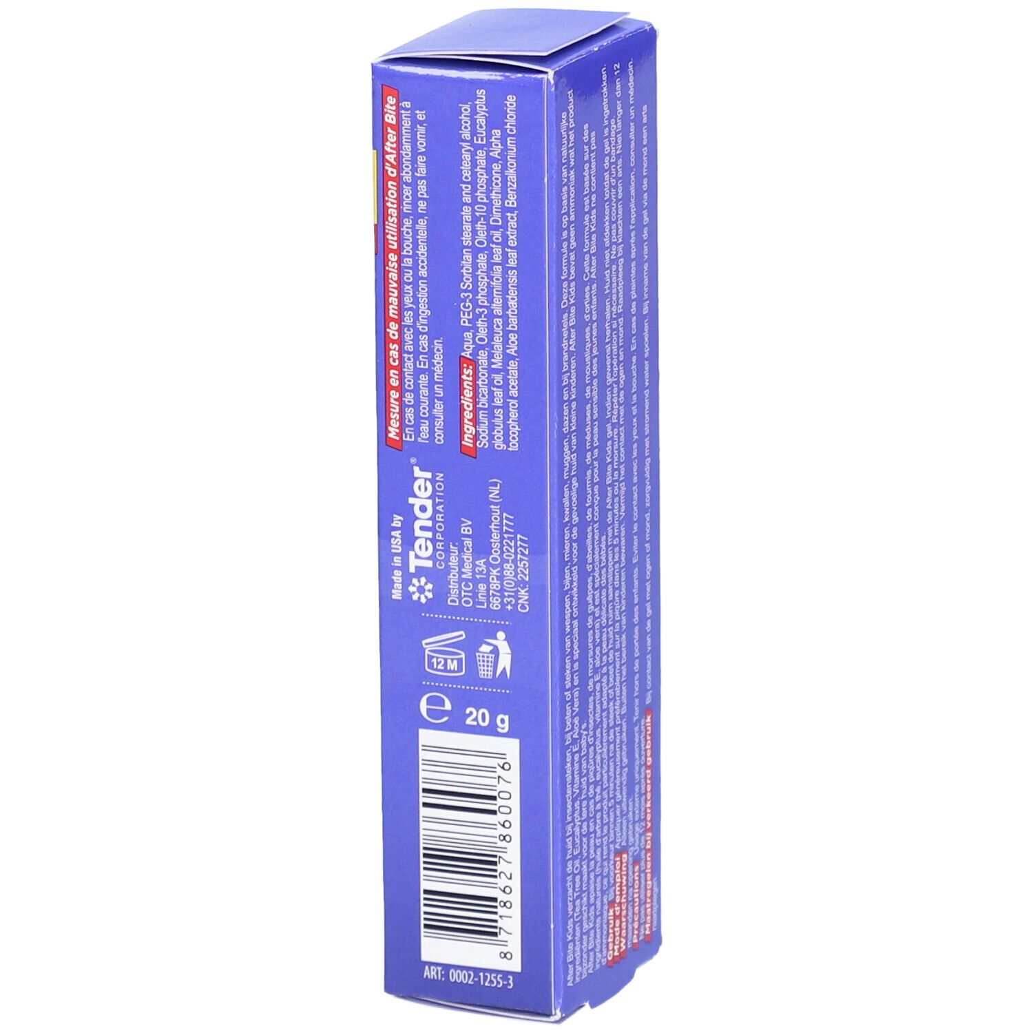 After Bite Kids Verpackung. Text: Inhaltsstoffe, Herstellerinformationen, Chargennummer, EAN-Code.