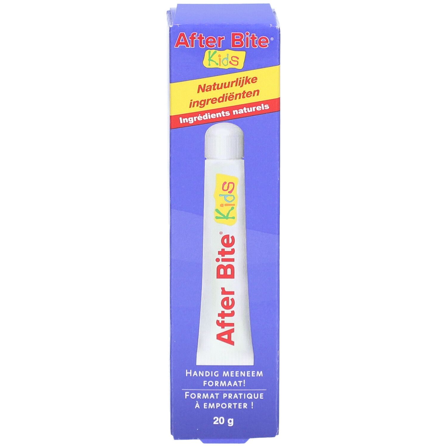 After Bite Kids Tube und Verpackung. Aufdruck: Natürliche Inhaltsstoffe, handliches Format, 20g.