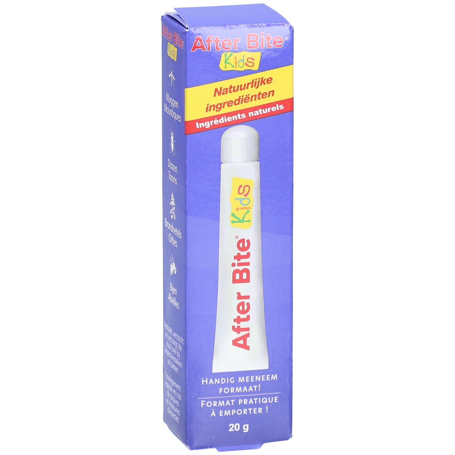 After Bite Kids Tube und Verpackung. Aufdruck: Natürliche Inhaltsstoffe, handliches Format, 20g.