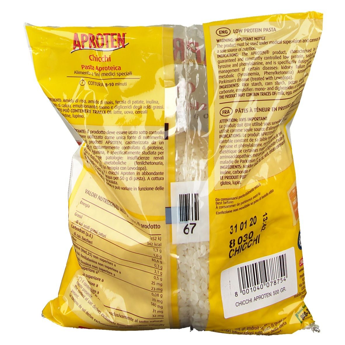 Gelbe Verpackung mit Text. Aufdruck: APROTEN Chicchi, Pasta Aproteica. Enthält Nährwertangaben und Barcode.