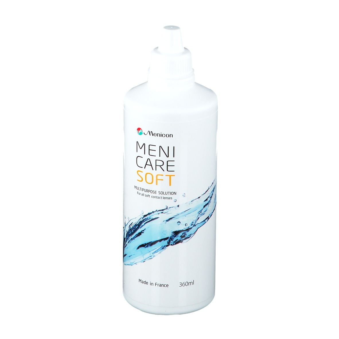Weiße Flasche Menicon Meni Care Soft. Aufschrift: Multi-Purpose Solution. Wasser-Design. 360ml.
