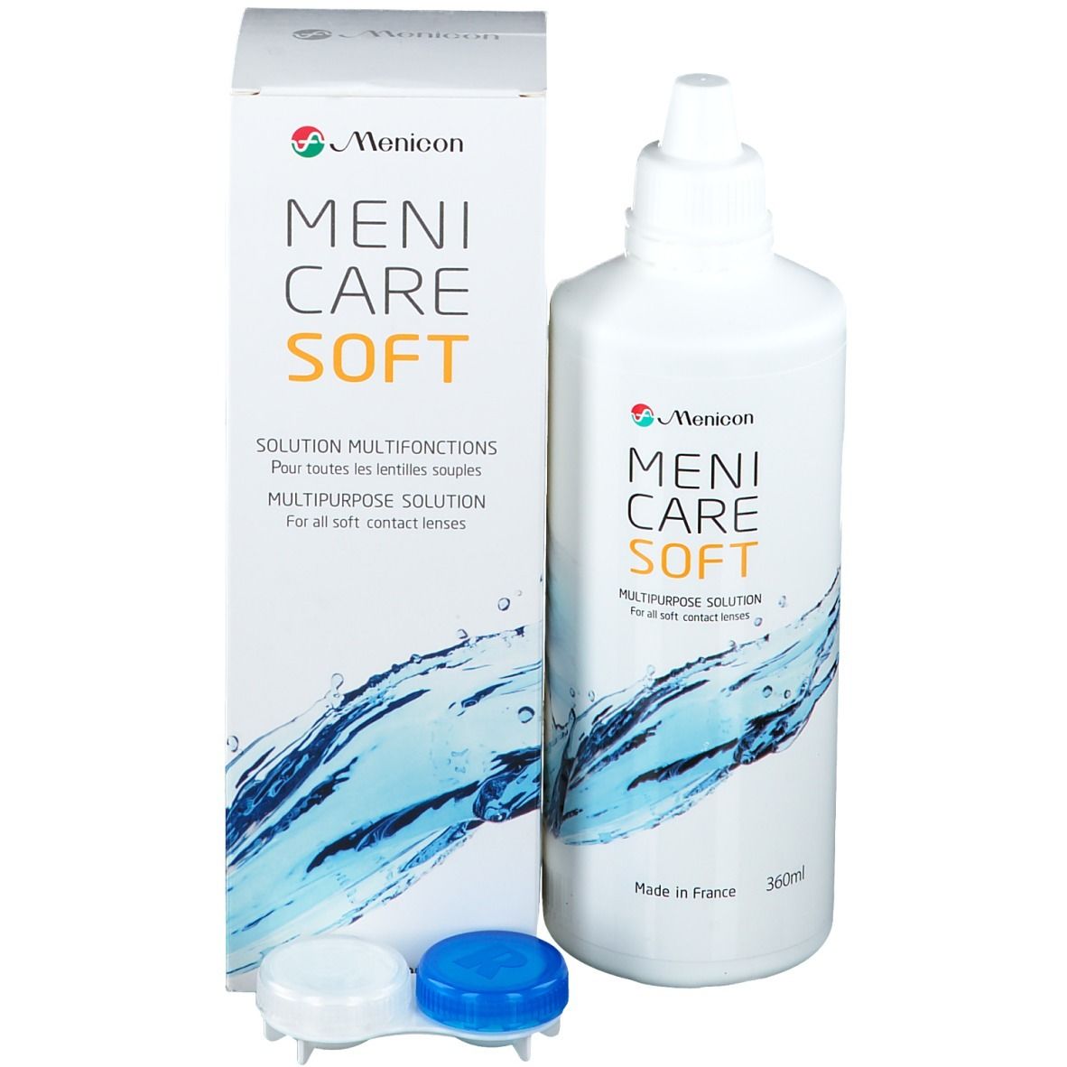 Menicon Meni Care Soft Flasche, Box und Behälter. Box mit Text. Behälter für Kontaktlinsen.