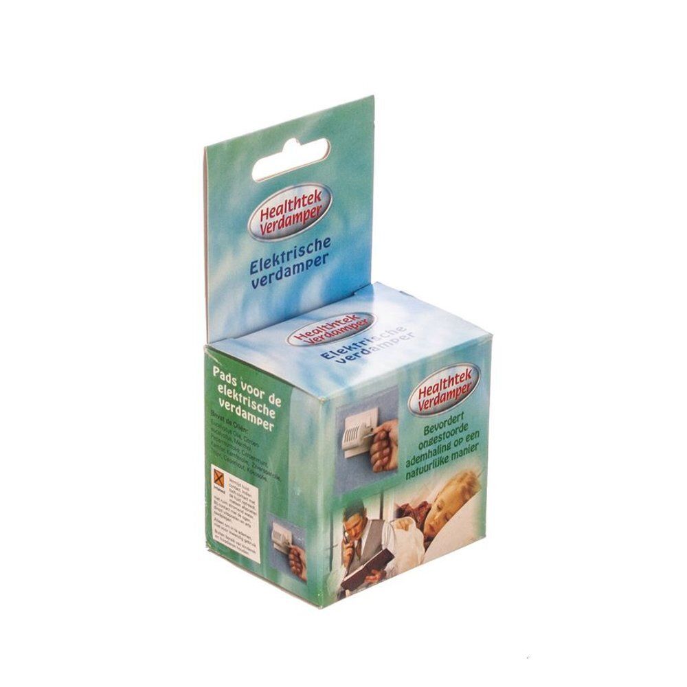 Emballage Healthtek Verdampfer. Inscriptions : Elektrische Verdampfer, Pads, marque de santé. Design vert et blanc avec illustrations.