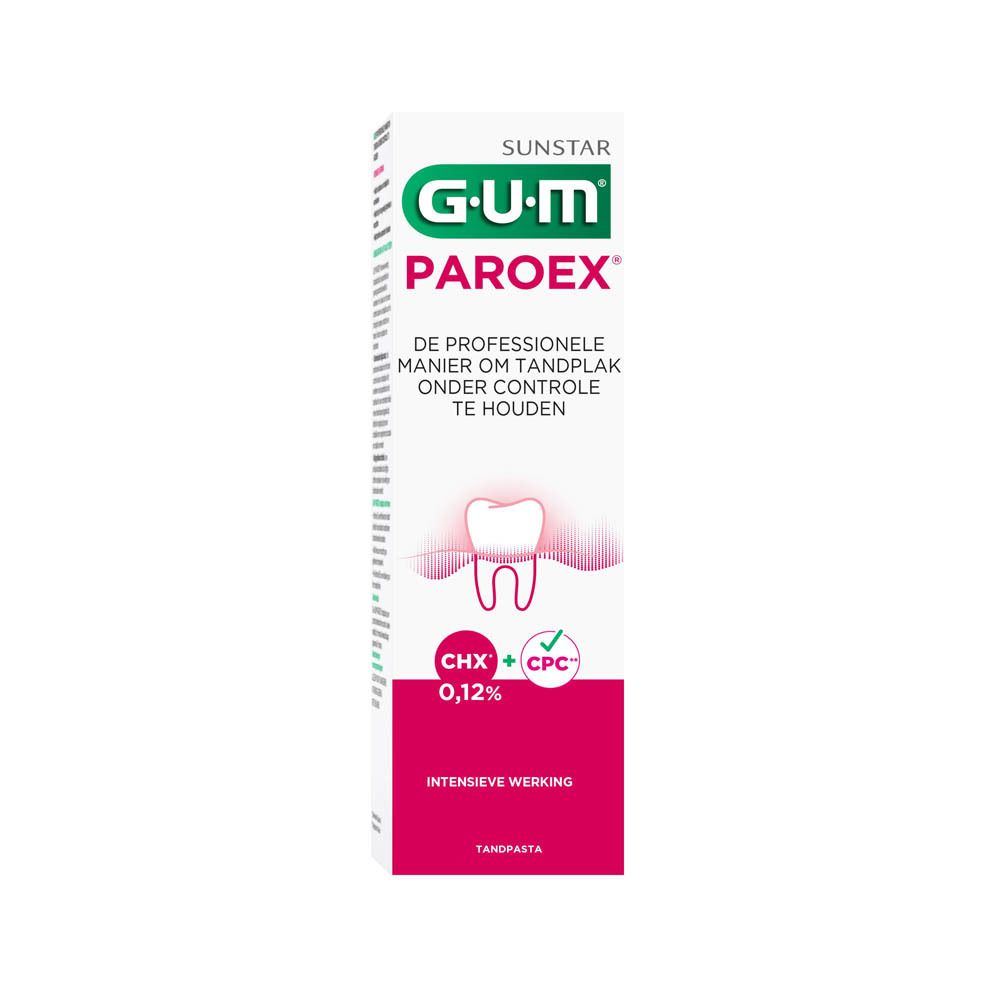 Tube de dentifrice GUM Paroex. Blanc, rouge et vert. Texte : GUM, Paroex, 0,12%.