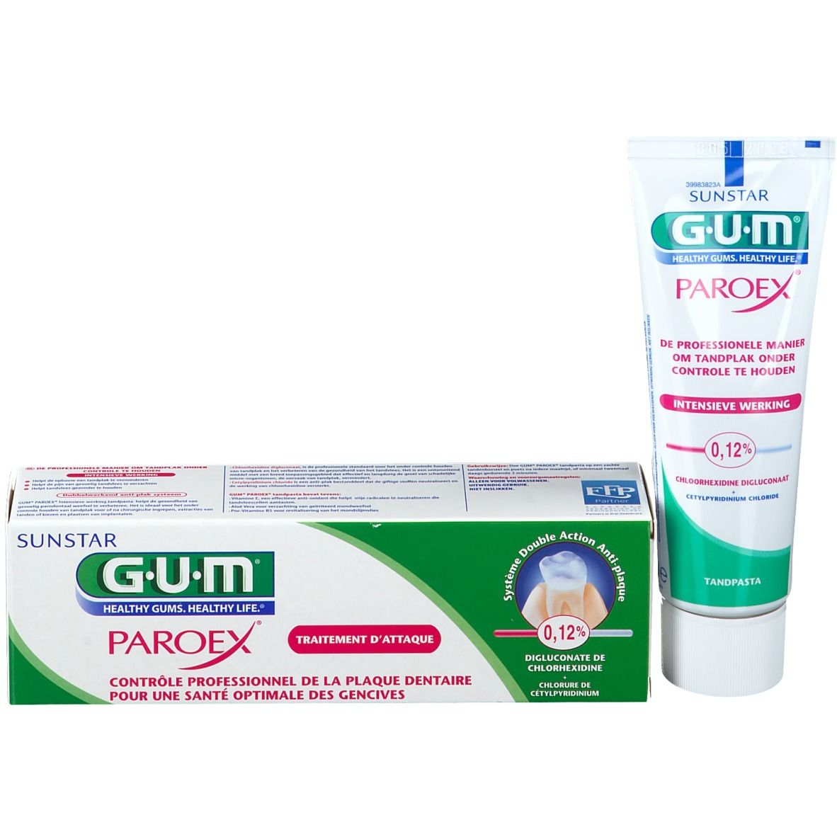 GUM Paroex Zahnpasta und Verpackung. Weiß, grün und rot. Text: GUM, Paroex, 0,12%.