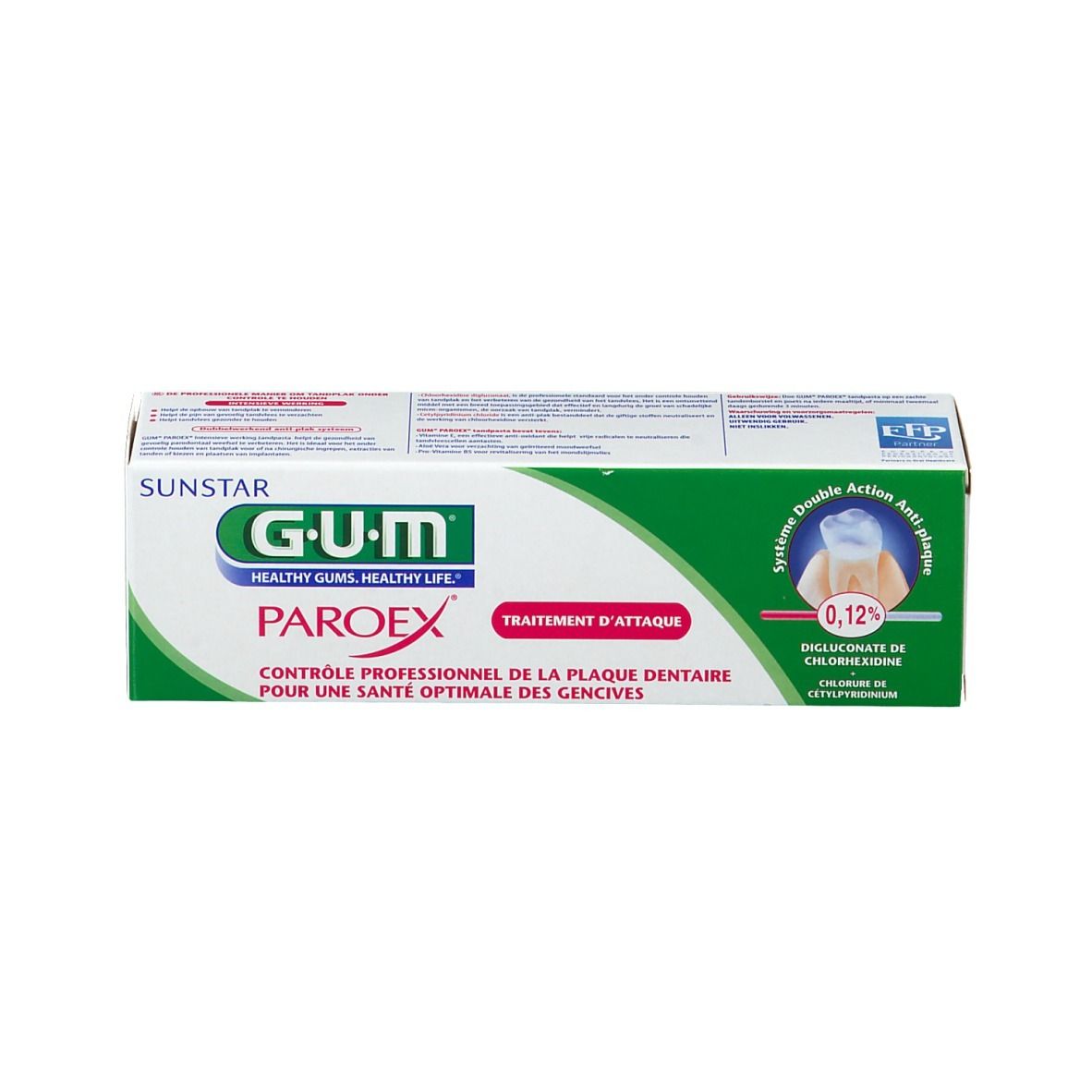 Verpackung GUM Paroex. Weiß, grün und rot. Text: GUM, Paroex, 0,12%.
