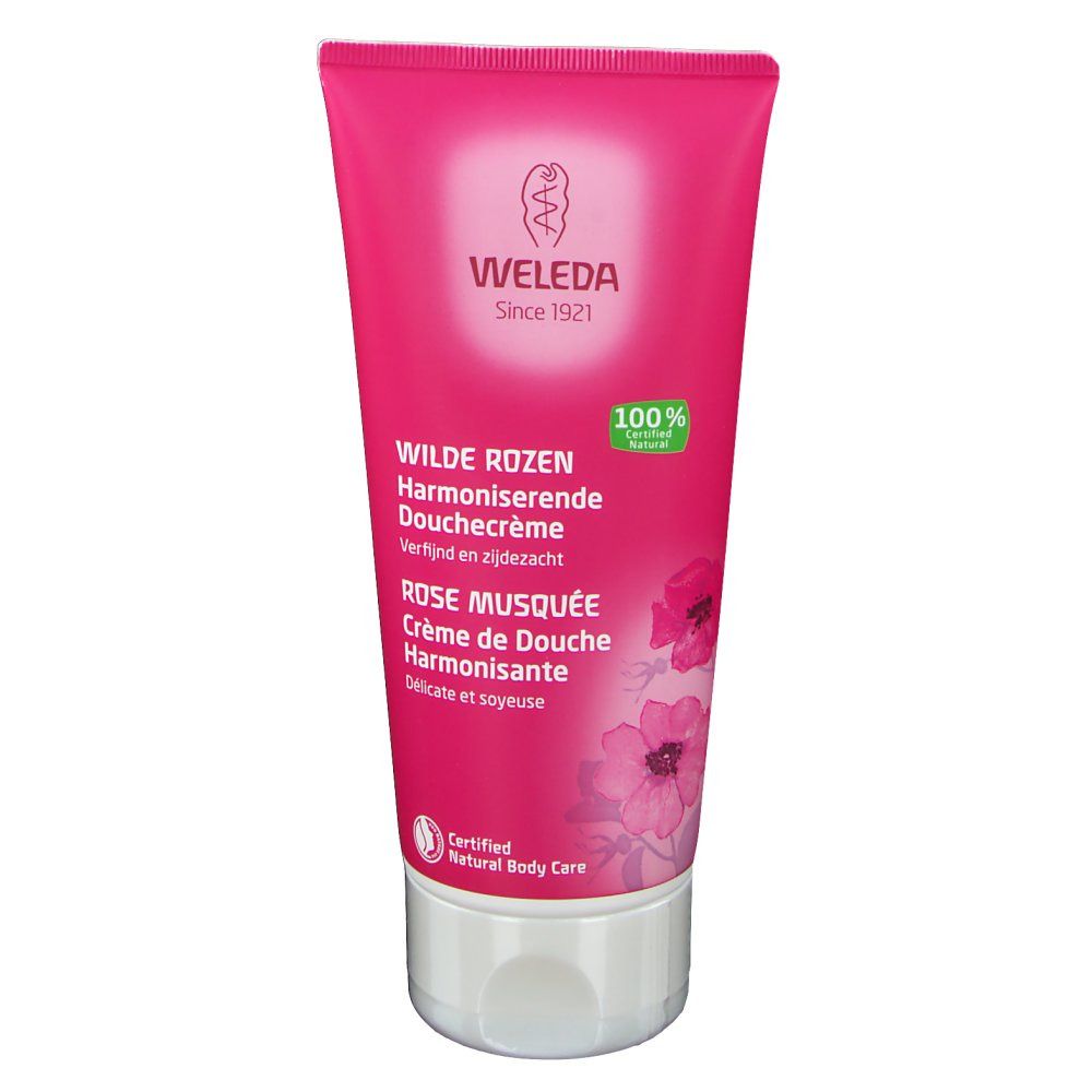 Rosa Tube mit Produktnamen und Logo. "Weleda"-Logo und Schriftzug. "Wilde Rosen" und "Rose Musquée" aufgedruckt. Zertifiziertes Naturprodukt.
