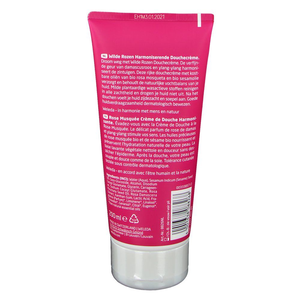 Rückseite der Tube. Text in mehreren Sprachen. Inhaltsstoffe und Zertifizierungen. 200 ml Volumenangabe. Barcode und Herstellerinformationen.