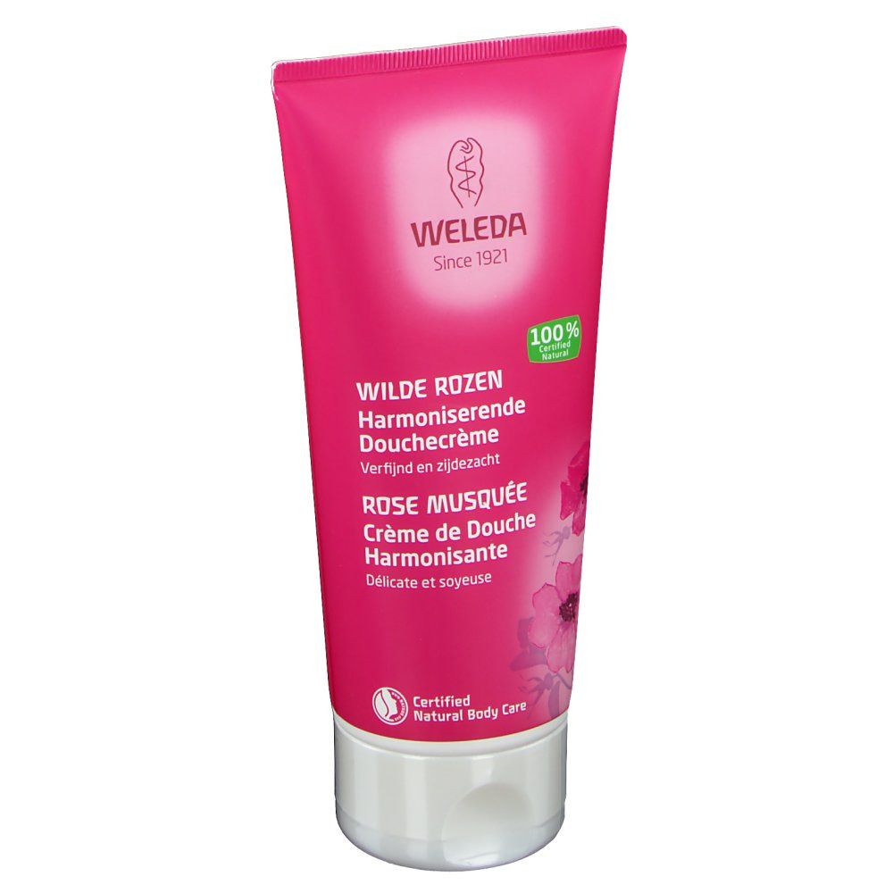 Rosa Tube mit Produktnamen und Logo. "Weleda"-Logo und Schriftzug. "Wilde Rosen" und "Rose Musquée" aufgedruckt. Zertifiziertes Naturprodukt.