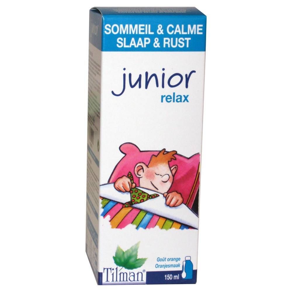 Verpackung "junior relax" mit schlafendem Kind. "Tilman"-Logo und "Orangengeschmack"-Angabe.