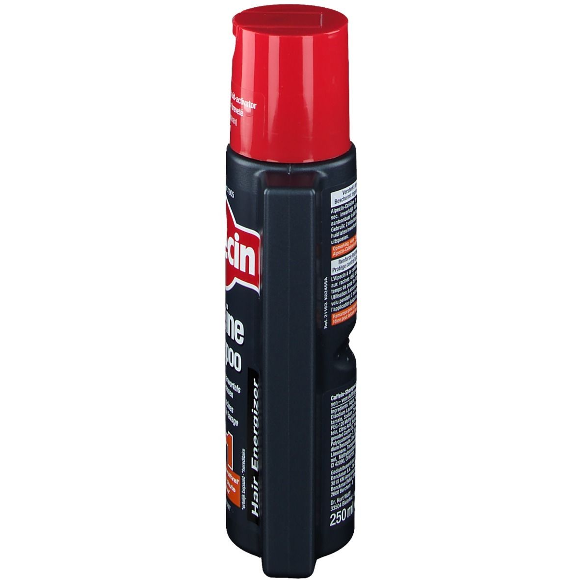 Dos du flacon bleu foncé avec bouchon rouge. Texte avec instructions et ingrédients. 250 ml.