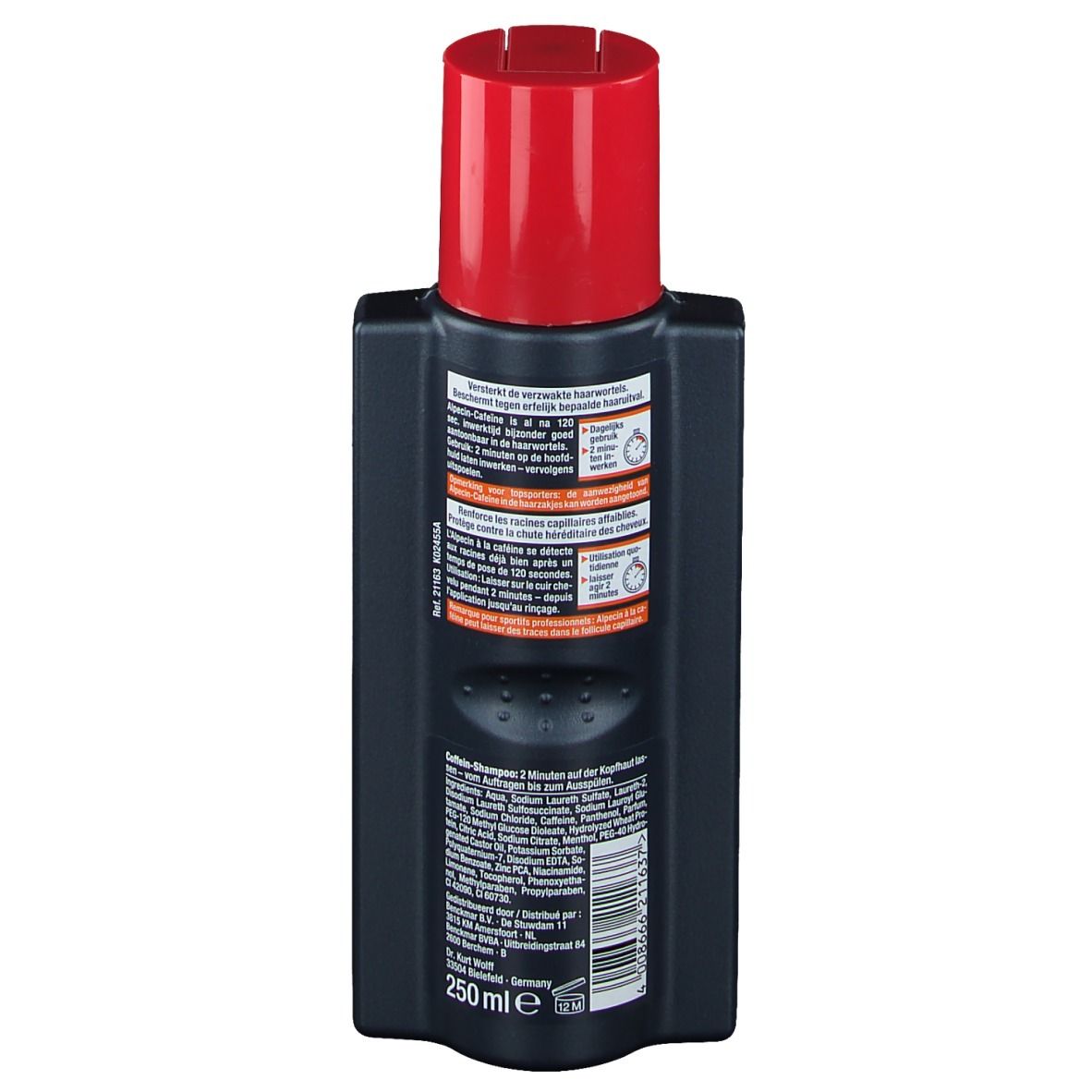 Dos du flacon bleu foncé avec bouchon rouge. Texte avec instructions et ingrédients. 250 ml.