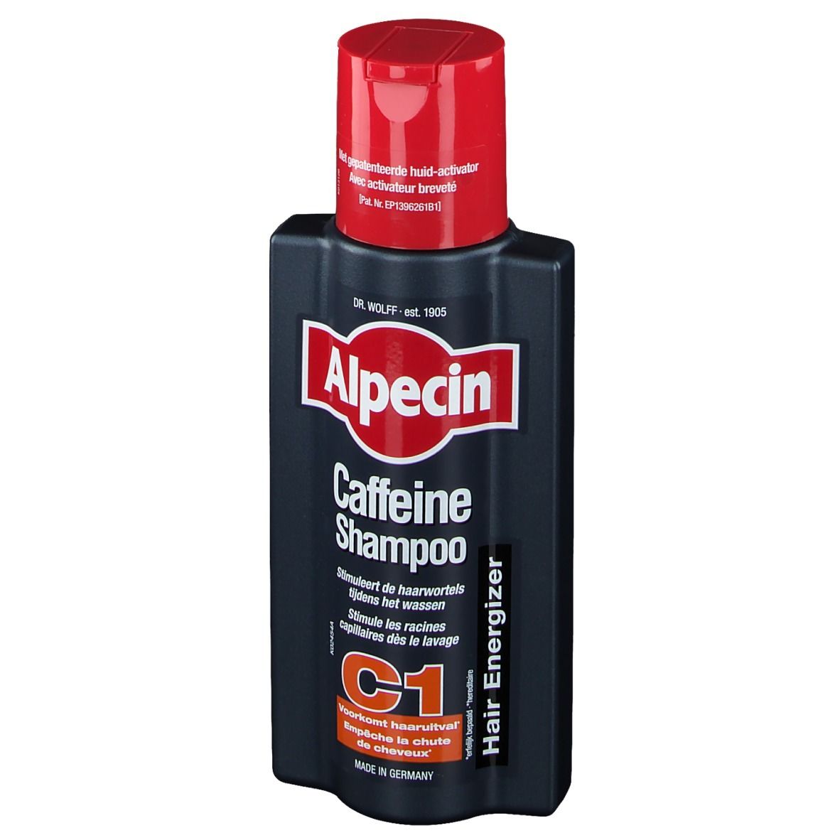 Flacon bleu foncé avec bouchon rouge. Inscription Alpecin Caffein Shampoo. C1 Hair Energizer.