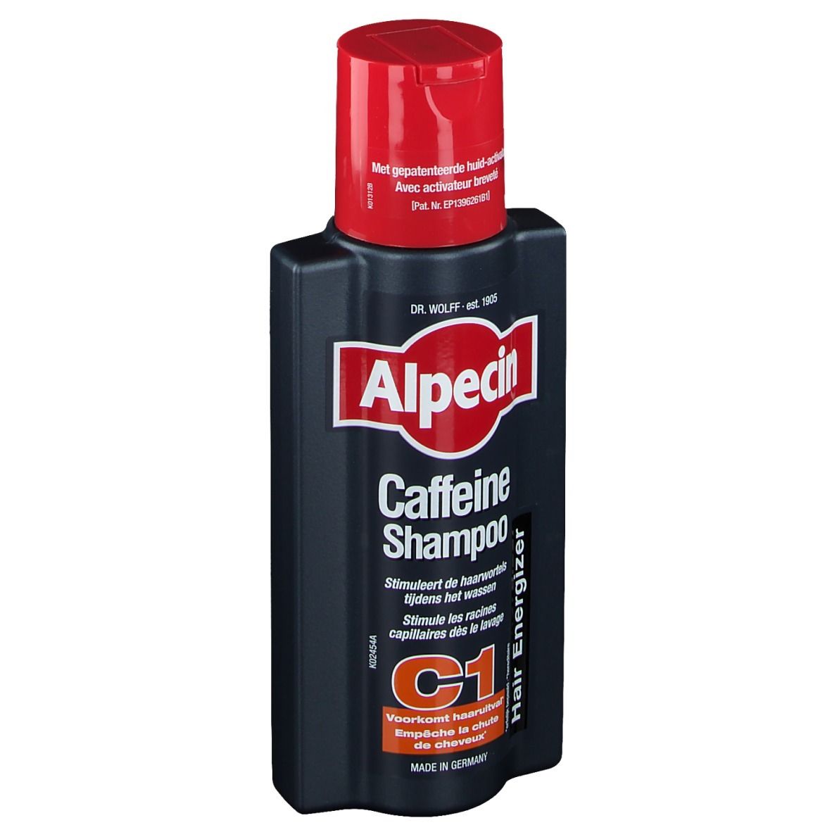 Flacon bleu foncé avec bouchon rouge. Inscription Alpecin Caffein Shampoo. C1 Hair Energizer.