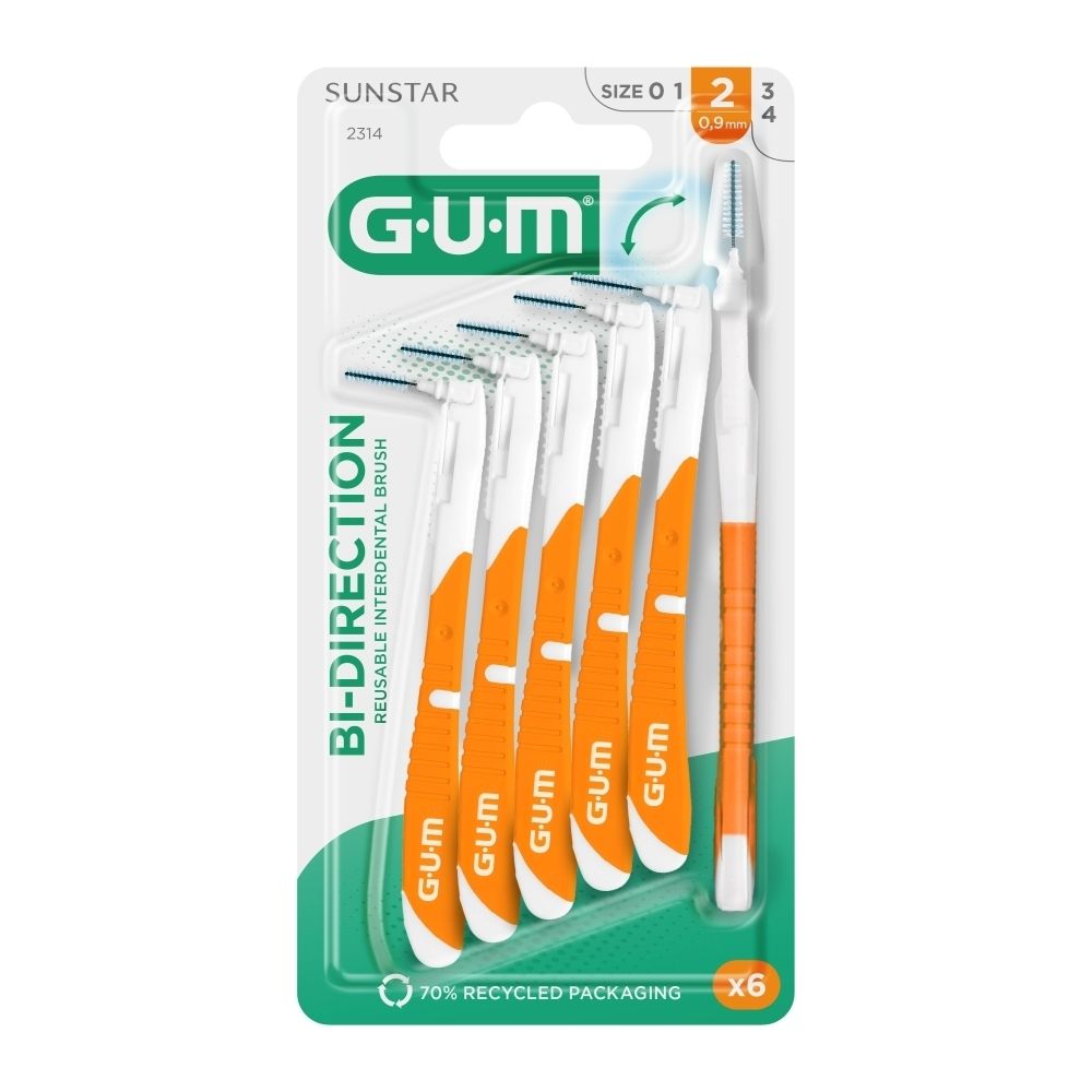 Paquet de 6 brossettes interdentaires GUM Bi-Direction. Manches orange et blancs, taille 0,9 mm. 70% recyclé.
