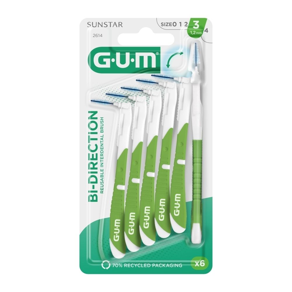 Emballage de 6 brossettes interdentaires GUM® Bi-Direction 1,2 mm. Manches verts, brins bleus. Emballage recyclé à 70%.
