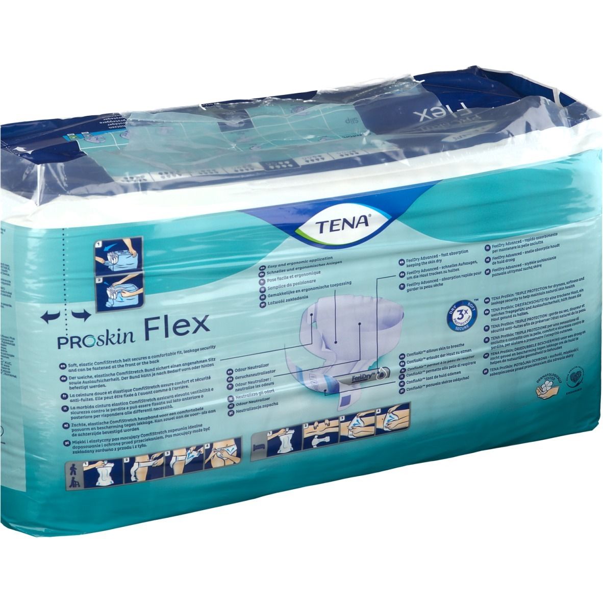 Emballage TENA ProSkin Flex. Nom du produit, taille et illustrations. Emballé sous film.