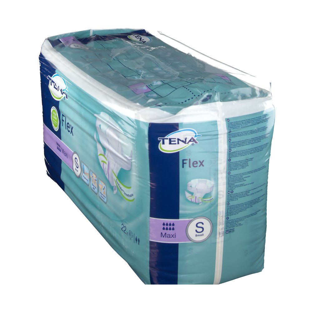 Verpackung Tena Flex Maxi S. Blau-weißes Paket, durchsichtig verpackt. Aufdruck: Tena Flex, S, Maxi. 22 Stück.