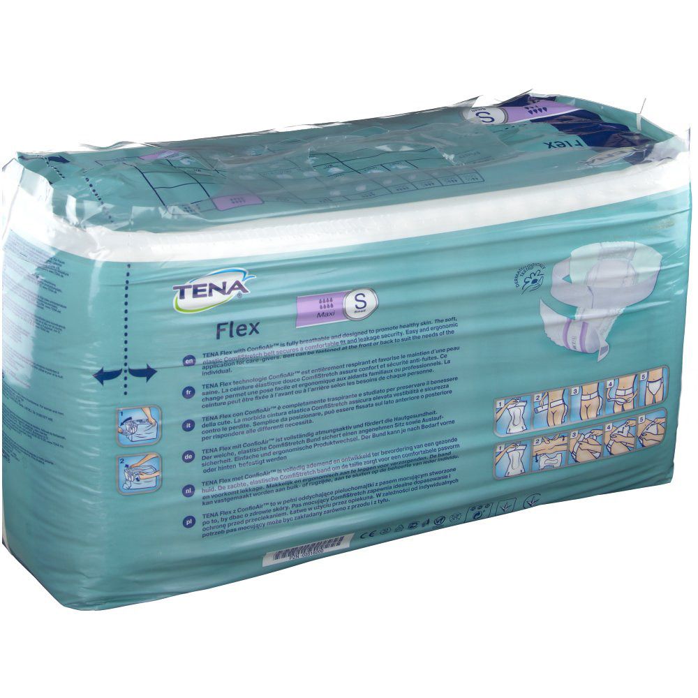 Verpackung Tena Flex Maxi S. Blau-weißes Paket, durchsichtig verpackt. Aufdruck: Tena Flex, S, Maxi. Produktabbildung.