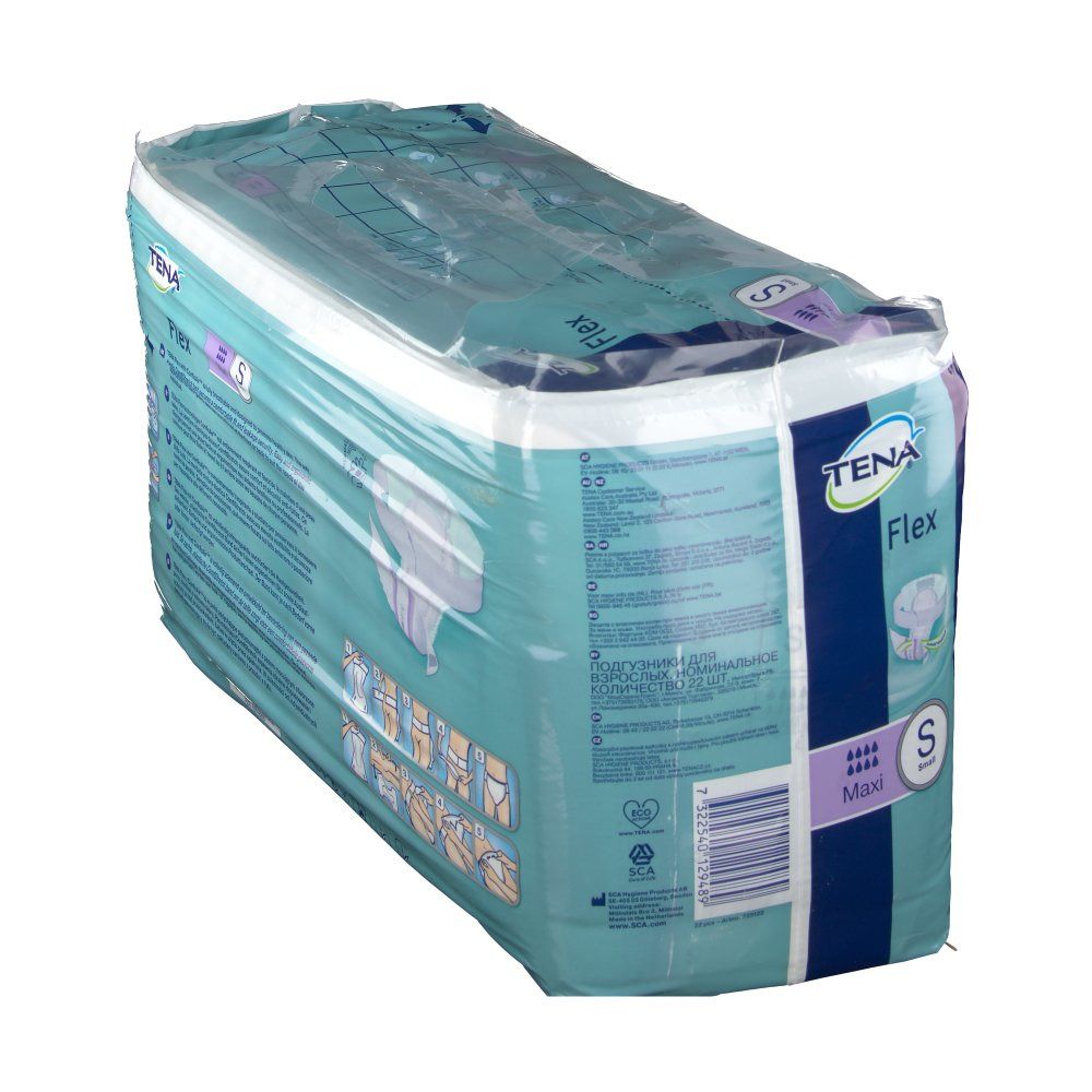Verpackung Tena Flex Maxi S. Blau-weißes Paket, durchsichtig verpackt. Aufdruck: Tena Flex, S, Maxi. Rückseite mit Text.