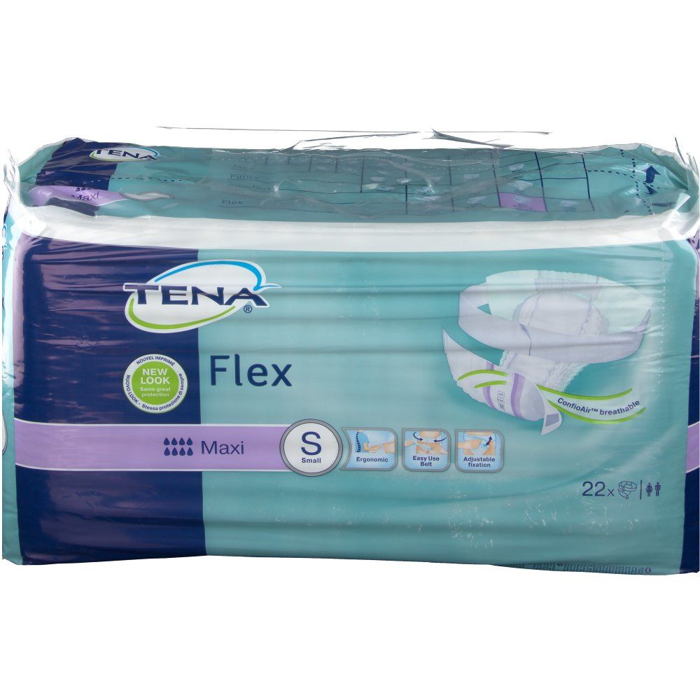 Verpackung Tena Flex Maxi S. Blau-weißes Paket, durchsichtig verpackt. Aufdruck: Tena Flex, S, Maxi. 22 Stück. Logo.