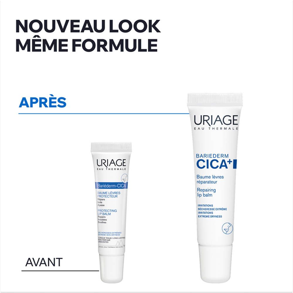 Vergleich von zwei Uriage BARIEDERM CICA+ Lippenbalsam-Verpackungen.