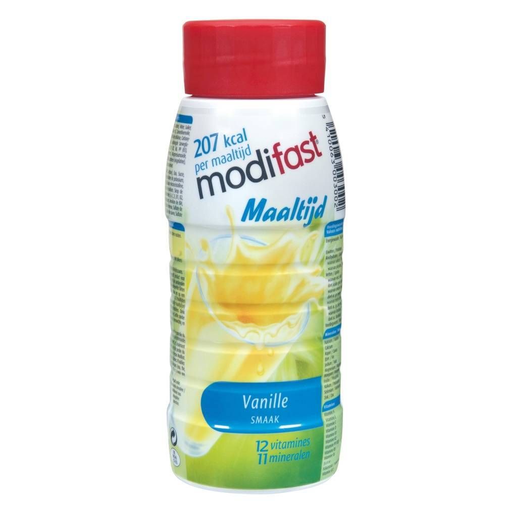 Modifast-Flasche mit rotem Deckel. Aufschrift: Vanille, 207 kcal. Maaltijd.