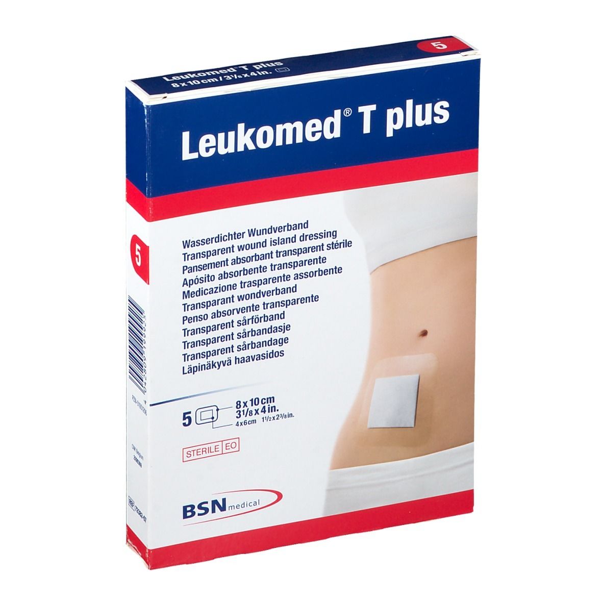 Verpackung mit 5 sterilen Verbänden. Aufdruck: Leukomed T plus, 8 x 10 cm. Abbildung: Verband auf Bauch.