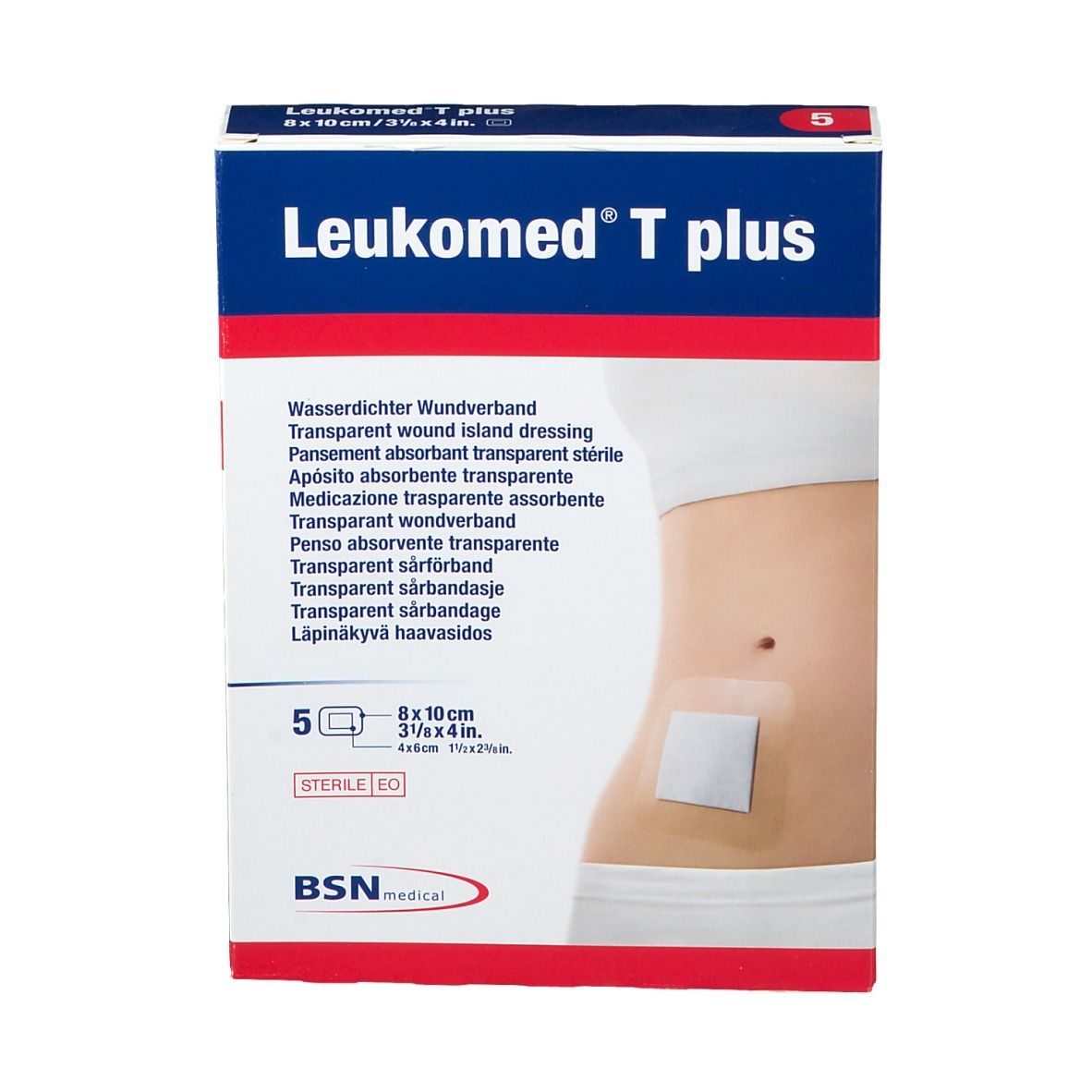 Verpackung mit 5 sterilen Verbänden. Aufdruck: Leukomed T plus, 8 x 10 cm. Abbildung: Verband auf Bauch.