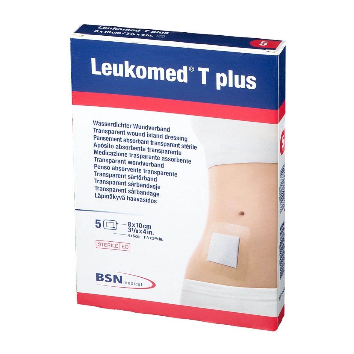 Verpackung mit 5 sterilen Verbänden. Aufdruck: Leukomed T plus, 8 x 10 cm. Abbildung: Verband auf Bauch.