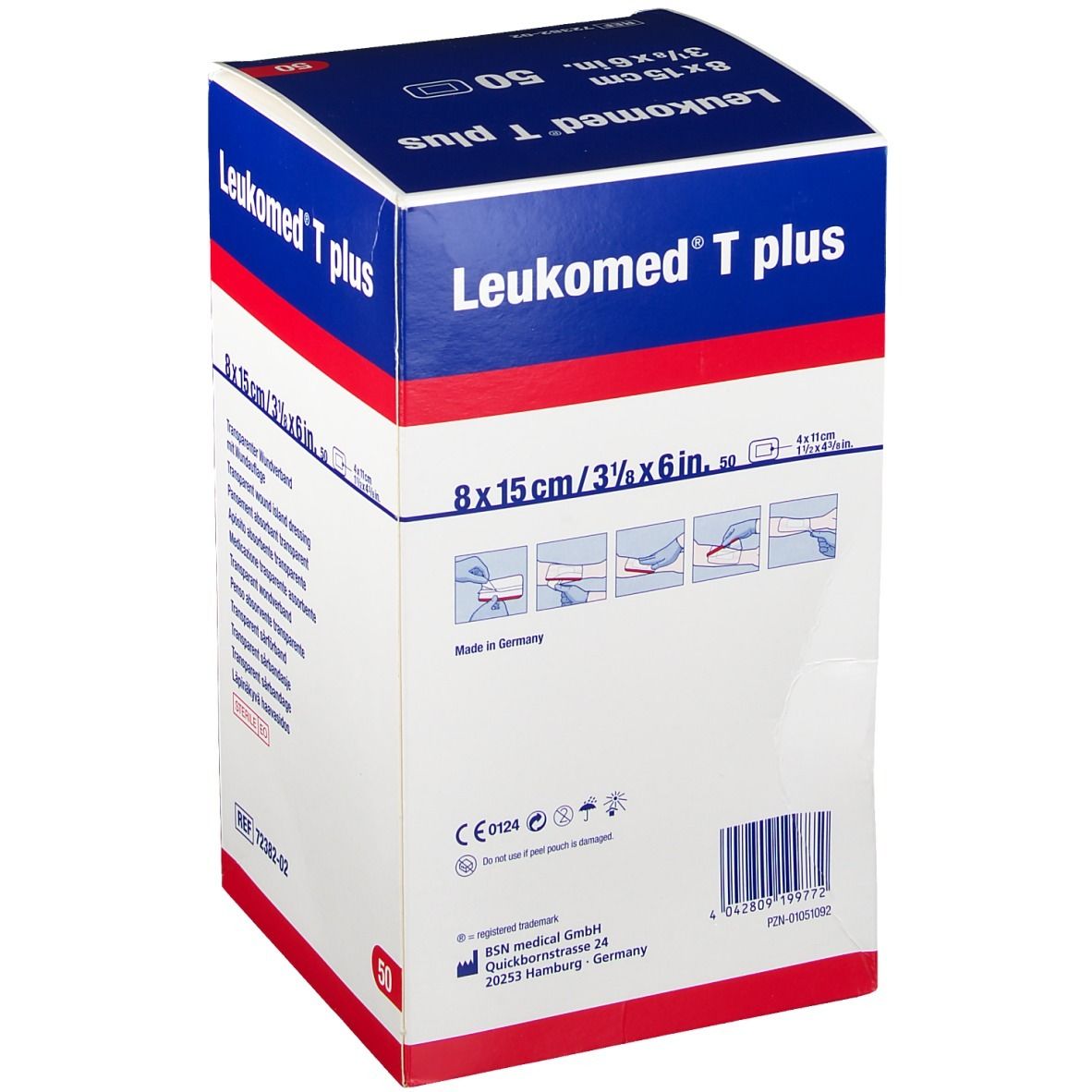 Verpackung von Leukomed T plus. Aufschrift: 8 x 15 cm, 50 Stück. Transparentes Wundverband. BSN medical Logo.