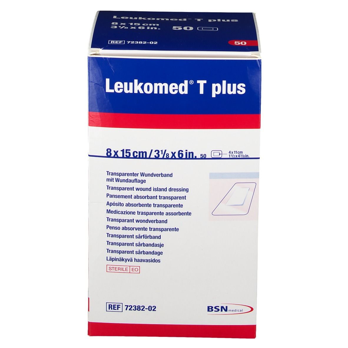 Verpackung von Leukomed T plus. Aufschrift: 8 x 15 cm, 50 Stück. Transparentes Wundverband. BSN medical Logo.