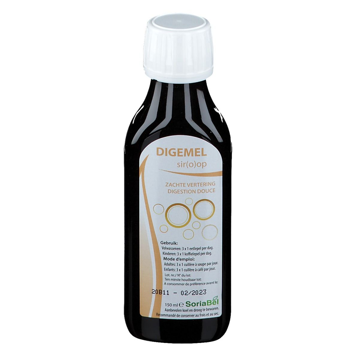 Braune Flasche mit weißem Verschluss. Beschriftung: Digemel sir(o)op, Zachte vertering, Digestion douce. Etikett mit Informationen.