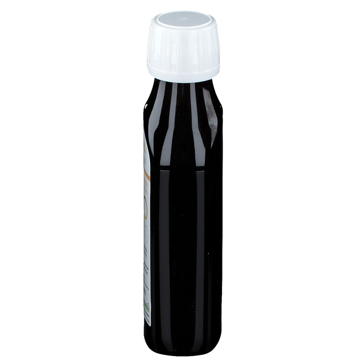 Braune Flasche mit weißem Verschluss. Seitenansicht. Keine weiteren Details sichtbar.