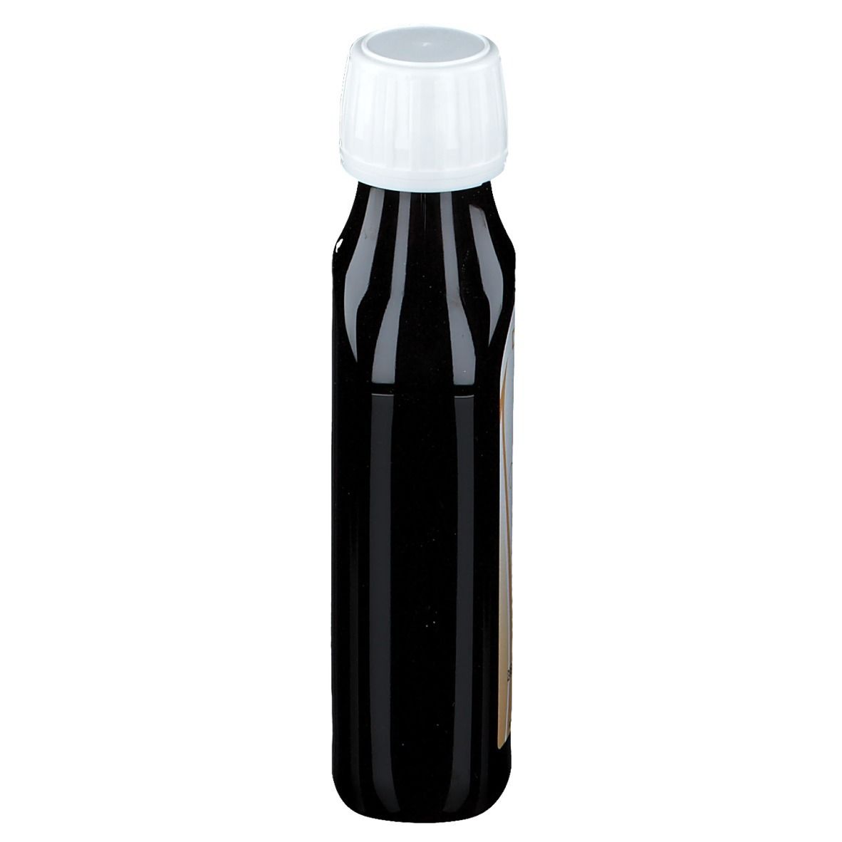 Braune Flasche mit weißem Verschluss. Seitenansicht. Keine weiteren Details sichtbar.