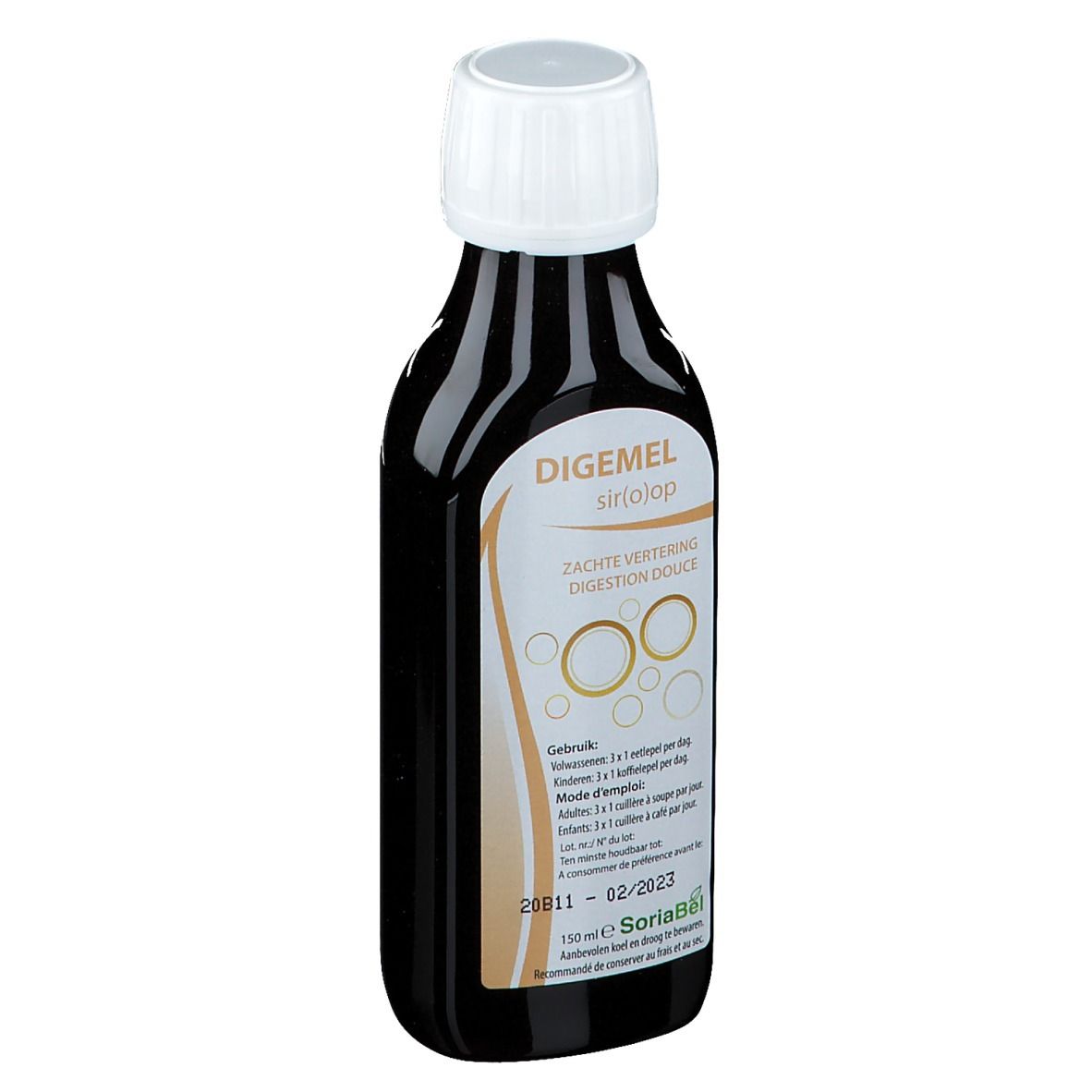 Braune Flasche mit weißem Verschluss. Beschriftung: Digemel sir(o)op, Zachte vertering, Digestion douce. Etikett mit Informationen.