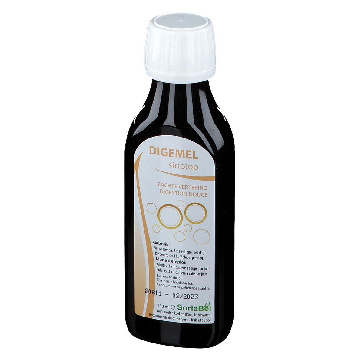 Braune Flasche mit weißem Verschluss. Beschriftung: Digemel sir(o)op, Zachte vertering, Digestion douce. Etikett mit Informationen.