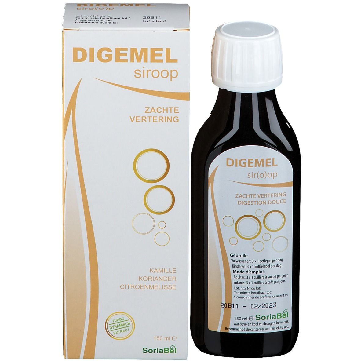Flasche und Schachtel. Flasche: braun, weißer Verschluss. Schachtel: weiß, gelbe Akzente, Beschriftung: Digemel siroop, Zachte vertering.