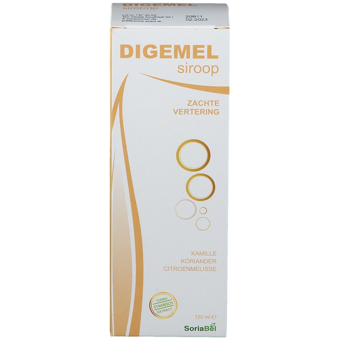 Weiße Schachtel mit gelben Akzenten. Beschriftung: Digemel siroop, Zachte vertering. Kamille, Koriander, Citroenmelisse.